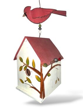 Red Roof Air BNB Vacancy for Lazy Birds Birdhouse with Perch and Jeweled Accents